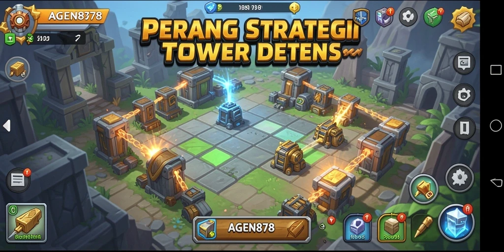 Tangkapan layar gameplay AGEN878 yang menunjukkan pertahanan menara yang epik.