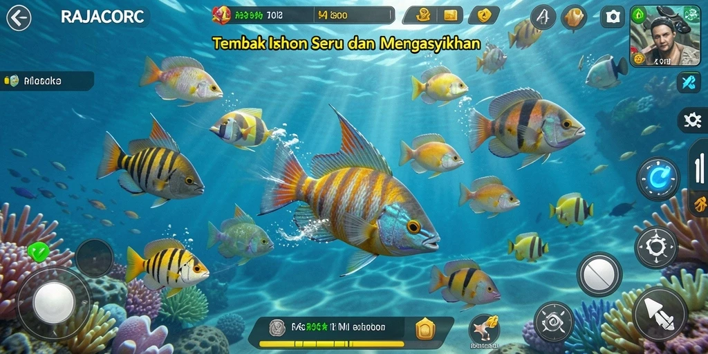 Gameplay seru RAJACORC dengan menembak ikan berwarna-warni.