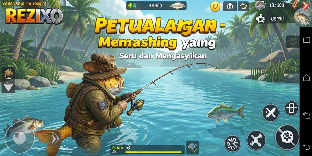 Tampilan gameplay REZIXO dengan aksi memancing yang mendebarkan.